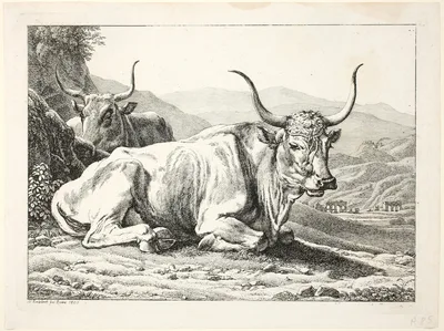 Two Roman Bulls Resting, from Die Zwiete Thierfolge — Johann Christian Reinhart