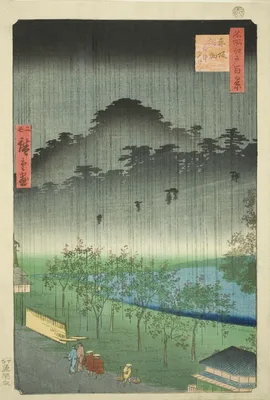 Night Rain at the Paulownia Grove at Akasaka (Akasaka Kiribatake uchu yukei), from the series "One Hundred Famous Views of Edo (Meisho Edo hyakkei)" — Utagawa Hiroshige II