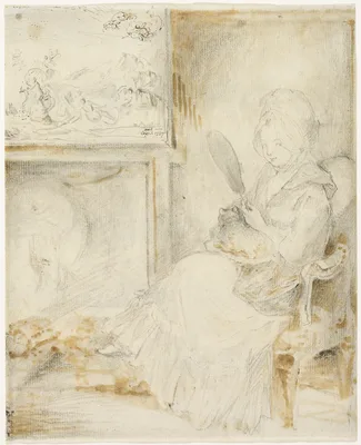 Woman Seated Holding a Cat on Her Knees — Gabriel de Saint-Aubin