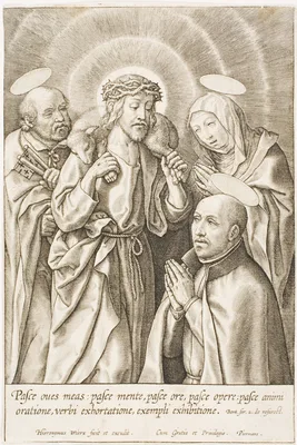 Ignatius of Loyola kneeling before Christ, the Virgin and St Peter — Hieronymus Wierix