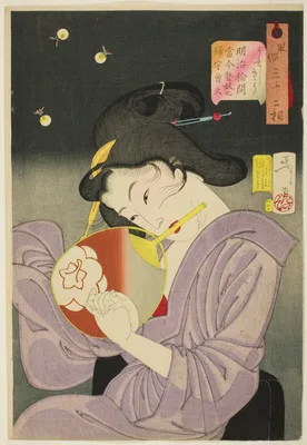Delighted (Ureshiso), from the series "Thirty-two Aspects of Women (Fuzoku sanjuniso)" — Yoshitoshi