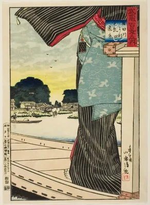 Distant View of Matsuchi Hill from the Sumida River (Sumidagawa yori Matsuchiyama enkei),  from the series "One Hundred Views of Musashi Province (Musashi hyakkei no uchi)" — Kobayashi Kiyochika