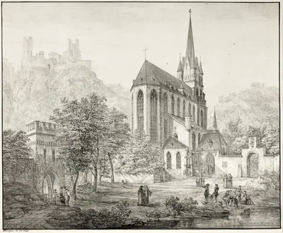 Collegiate Church of Our Lady, with Castle Schoenberg at Oberwesel on the Rhine — Domenico Quaglio the Younger
