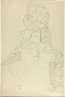 Seated Woman from the Front with Hat, Face Hooded — Gustav Klimt