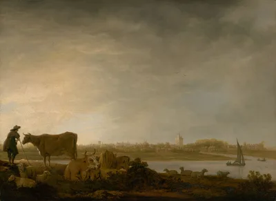 A View of Vianen with a Herdsman and Cattle by a River — Aelbert Cuyp