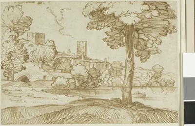 Landscape with a Large Tree on the Right and a Distant View of a Town on the Left — Giovanni Francesco Grimaldi