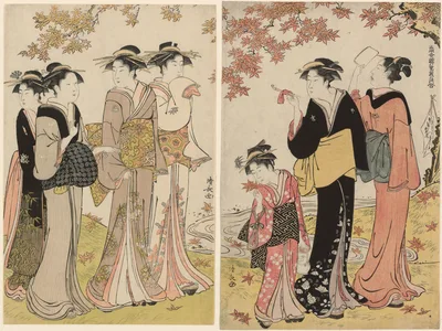 Beauties Under a Maple Tree, from the series "A Collection of Contemporary Beauties of the Pleasure Quarters (Tosei yuri bijin awase)" — Torii Kiyonaga