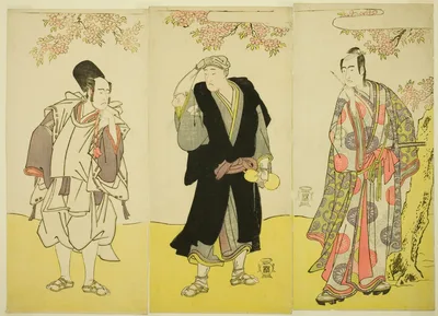 The Actors Sawamura Sojuro III as Kusunoki Tatewaki Masatsura (right), Onoe Matsusuke I as the Monk Sahei Bozu (center) and Ichikawa Yaozo III as the Prince's Servant Kusunoki Uraminosuke (left), in the Play Kumoi no Hana Yoshino no Wakamusha, Performed at the Nakamura Theater in the Eleventh Month, 1786 — Katsukawa Shunshō