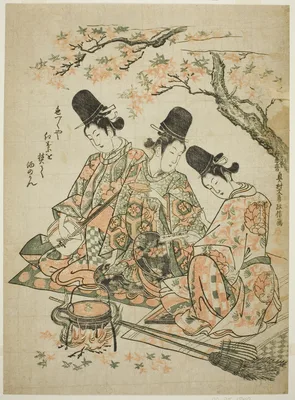 Parody of Palace Attendants Burning Maple Leaves to Heat Sake from "The Tale of Heike" — Okumura Masanobu