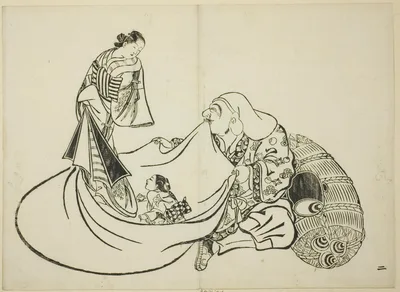 Daikoku revealing the contents of Hotei's bag, no. 2 from the series of 12 prints — Okumura Masanobu