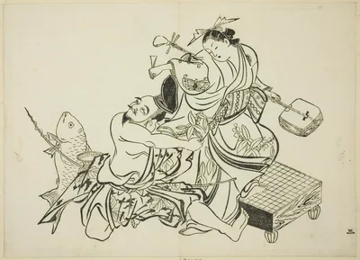 Ebisu flirting with a courtesan, no. 3 from a series of 12 prints — Okumura Masanobu