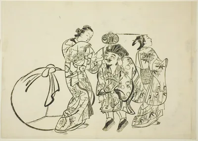Measuring Daikoku's height, no. 5 from a series of 12 prints — Okumura Masanobu
