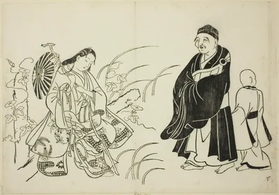 Komachi resting on a stupa, no. 6 from a series of 12 prints — Okumura Masanobu