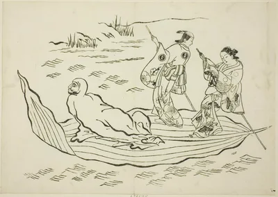 Daruma crossing the sea on a leaf, no. 7 from a series of 12 prints — Okumura Masanobu