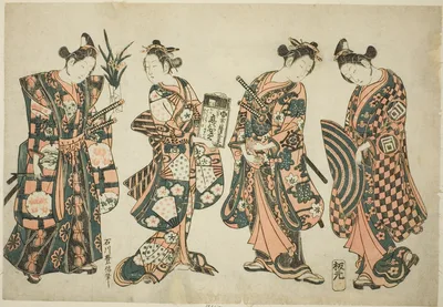 The Actors Sanogawa Ichimatsu (right), Nakamura Kiyosaburo (center right), Sanogawa Senzo (center left), and Nakamura Kumetaro (left) — Ishikawa Toyonobu