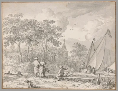 Landscape with Elegant Figures by a River, with Boats to the Right and a Town Behind Trees Beyond — Allaert van Everdingen