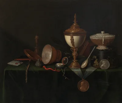 Still Life with Ostrich Egg Cup and the Whitfield Heirlooms — Pieter Gerritsz van Roestraten