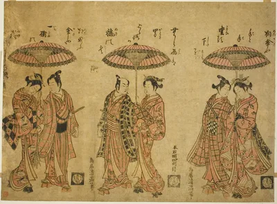 Three couples sharing umbrellas — Torii Kiyomitsu