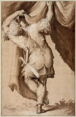 Young Warrior, Seen from Behind, Lifting a Curtain — Francesco Salviati