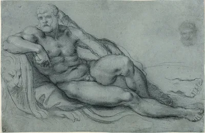 Study of Hercules Resting, with Separate Studies of His Head and Foot (recto); Rectangular grid design (verso) — Annibale Carracci