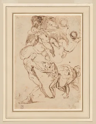 A Study of Bound Male Figures being Manhandled, and Various Putti, One Holding a Palm Frond — Agostino Carracci