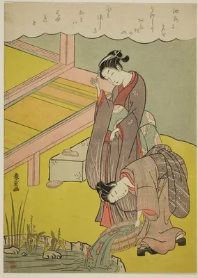 Young Girl Throwing Fish into Pond — Shiba Kōkan