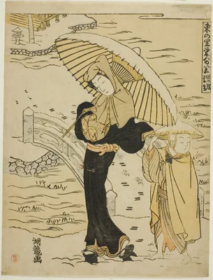 Evening Snow at Ikenohata (Ikenohata bosetsu), from the series "Eight Views of Prosperity in the Eastern Village (Azuma no sato eiga hakkei)" — Isoda Koryūsai