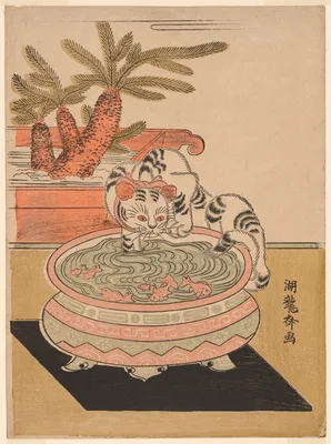 Cat Pawing at Goldfish — Isoda Koryūsai