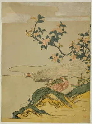 Pheasants under Branch of Peach Blossoms — Isoda Koryūsai