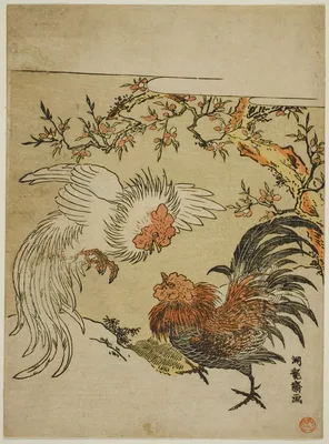 Cocks Fighting Under a Tree — Isoda Koryūsai