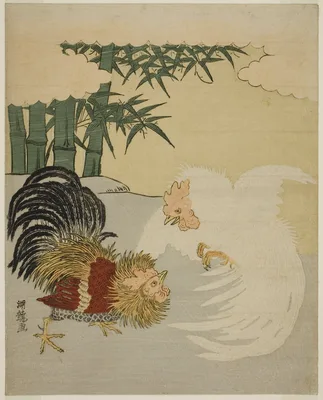 Cocks Fighting near Bamboo Grove — Isoda Koryūsai