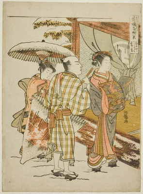 Karauta of the Ogiya in Evening Snow (Ogiya Karauta bosetsu), from the series "Eight Views of Famous Beauties of the Pleasure Quarters (Seiro meifu hakkei)" — Isoda Koryūsai