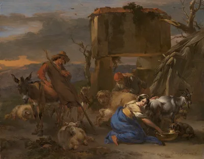 Pastoral Scene with a Shepherdess Milking a Goat — Nicolaes Pieterszoon Berchem