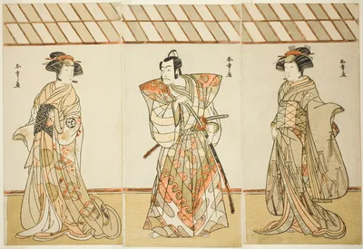 Actors Onoe Tamizô I, Ichikawa Danjûrô V, and Osagawa Tsuneyo II, in (possibly) “A Dandyish Brocade: Opposing Warriors” (“Date Nishiki Tsui noYumitori”) — Katsukawa Shunshō