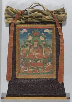 Painted Banner (Thangka) of Shantarakshita (725-788 CE), an Indian Buddhist Scholar, Included with a Seven Thangka Set of the Sixteen Arhats (Elders)