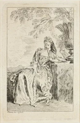 Seated Woman Leaning against a Plinth, from Figures de modes — Jean-Antoine Watteau