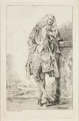 Standing Man Leaning against a Plinth, from Figures de modes — Jean-Antoine Watteau