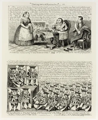 "Taking Care of Number One" or A Gentleman Endeavoring to Keep "Number One" Out of "St Pauls Church Yard" from George Cruikshank's Steel Etchings to The Comic Almanacks: 1835-1853 (top) — George Cruikshank