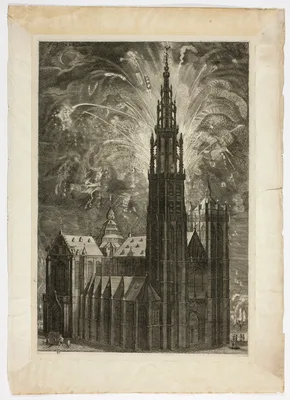 Firework around the Antwerp Cathedral, plate 41 from Casperius Gevartius, Pompa Introitus Honori Serenissimi Principis Ferdinandi — Théodore Thulden