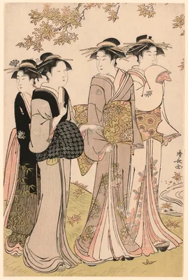 Beauties Under a Maple Tree, from the series "A Collection of Contemporary Beauties of the Pleasure Quarters (Tosei yuri bijin awase)" — Torii Kiyonaga