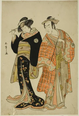 The Actors Matsumoto Koshiro IV and Segawa Kikunojo III as the Lovers Choemon (right) and Ohan (left), in the Elopement Scene "Michiyuki Segawa no Adanami" (An Elopement: Treacherous Waves in the Shallow River), a Dance Interlude from Part Two of the Play Kabuki no Hana Bandai Soga (Flower of Kabuki: The Eternal Soga), Performed at the Ichimura Theater from the Twenty-fifth Day of the Fourth Month, 1781 — Katsukawa Shunshō