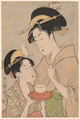 A Young Girl Offering Tea to Another Woman — Kitagawa Utamaro