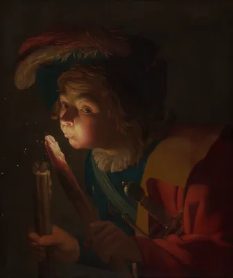 A Boy Blowing on a Firebrand — Gerard van Honthorst