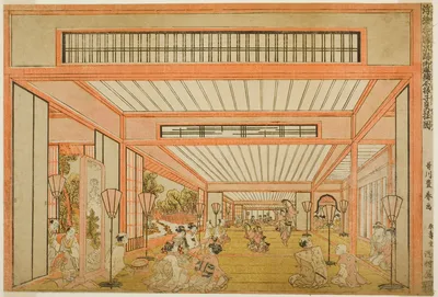 Views of Reception Rooms in Japan - Entertainments on the Day of the Rat in the Modern Style (Uki-e wakoku keiseki ozashiki imayo ne no hi no asobi no zu) — Utagawa Toyoharu