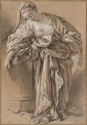 Study of a Draped Woman Leaning on a Pedestal — François Boucher