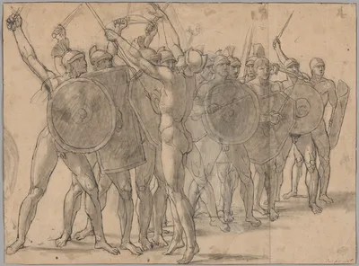 Nude Soldiers Gesticulating with Their Weapons (recto); Two Drapery Studies for the Figure of Tatius (verso) — Jacques-Louis David