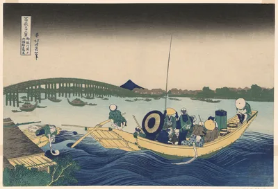 Fuji from Ommayagashi with Twilight over Ryogoku Bridge (Ommayagashi yori ryogokubashi sekiyo o miru), from the series "Thirty-six Views of Mount Fuji (Fugaku sanjurokkei)" — Katsushika Hokusai