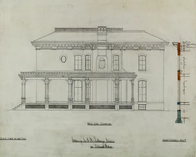 Joseph H. Lathrop House Addition, Elmhurst, Illinois, Elevation and Section — Bauer and Loebnitz