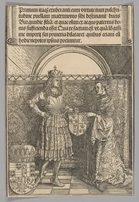 Maximilian and Maria of Burgundy, plate 2 from Historical Scenes from the Life of Emperor Maximilian I from the Triumphal Arch — Albrecht Dürer