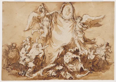 An Allegory of the Arts Vanquishing Time, Surmounted by a Medallion Portrait of King Stanislaw August of Poland as Patron of the Arts — André Lebrun